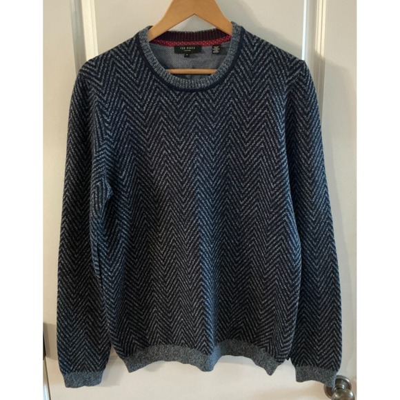 Ted Baker London Crewneck Sweater Men's Large Chevron Knit Navy Gray Wool Blend - Picture 2 of 10